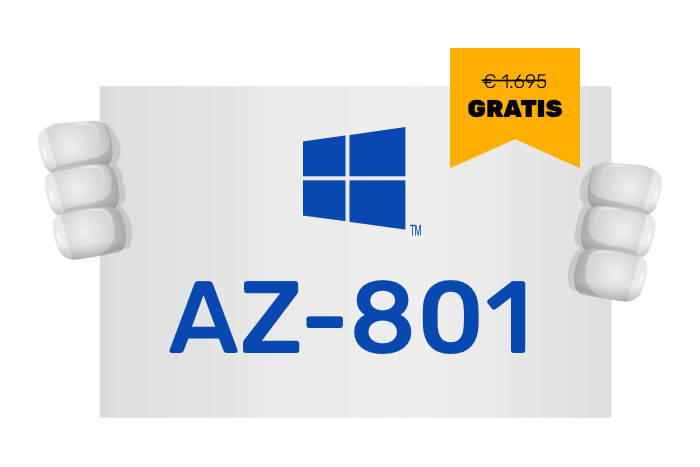 Buddy onze mascotte met een bord met het Azure logo en AZ-801