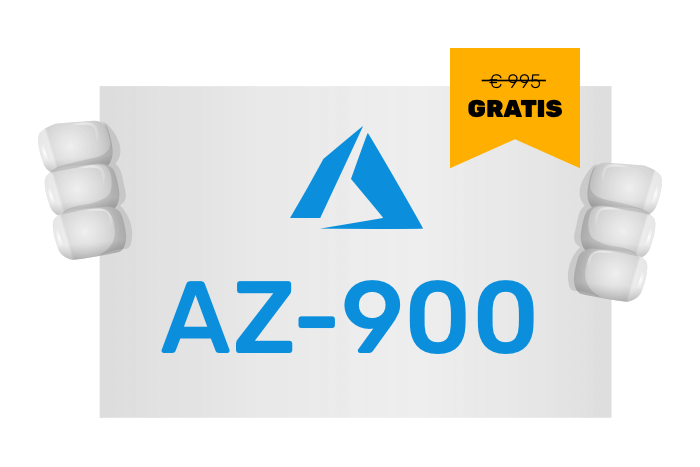 Buddy onze mascotte met een bord met het Azure logo en AZ-900