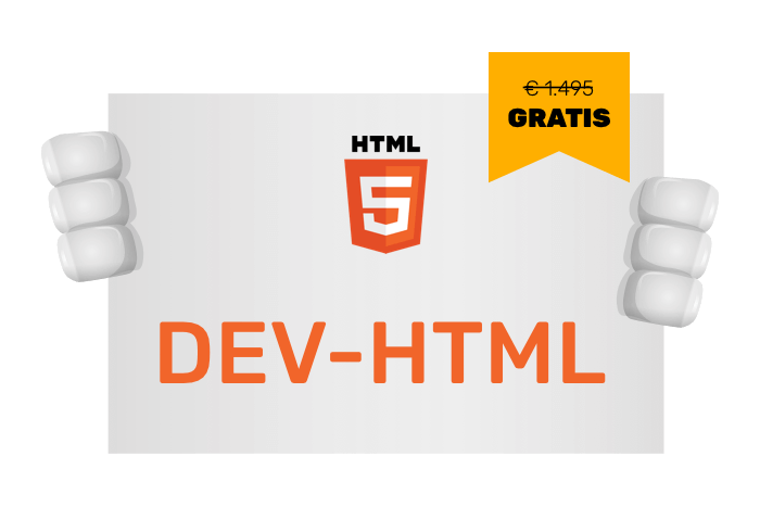 Buddy onze mascotte met een bord met het HTML5 logo