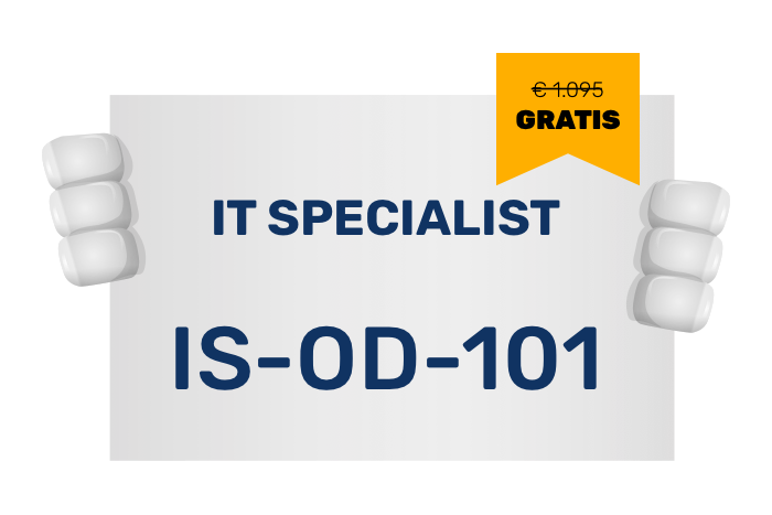 Buddy onze mascotte met een bord met het IT Specialist logo