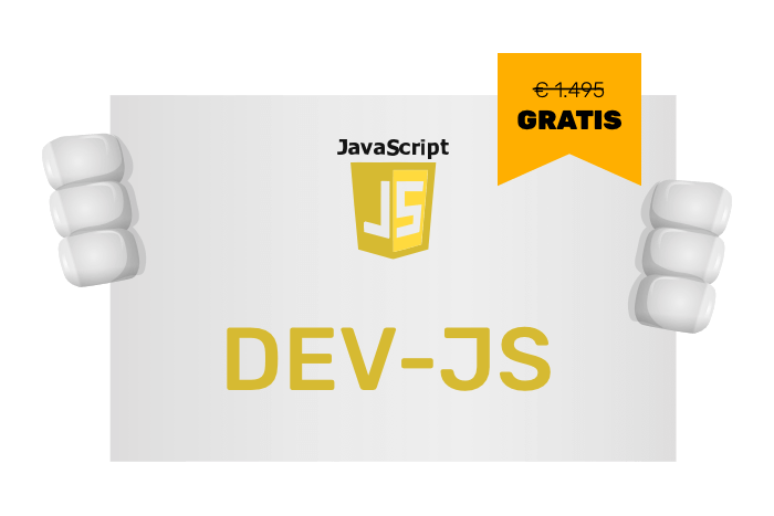 Buddy onze mascotte met een bord met het Javascript logo