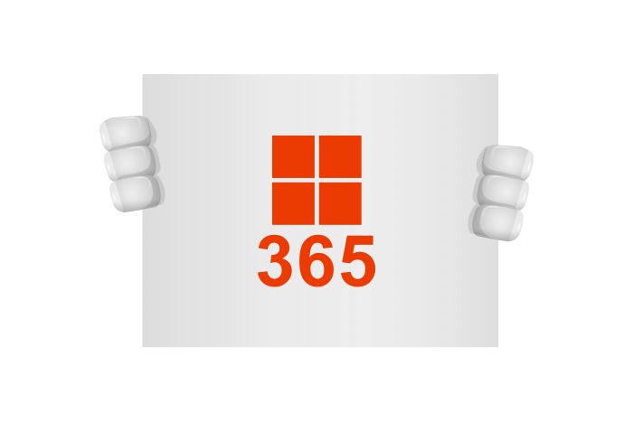 Buddy onze mascotte kijkt naar het Microsoft365 logo