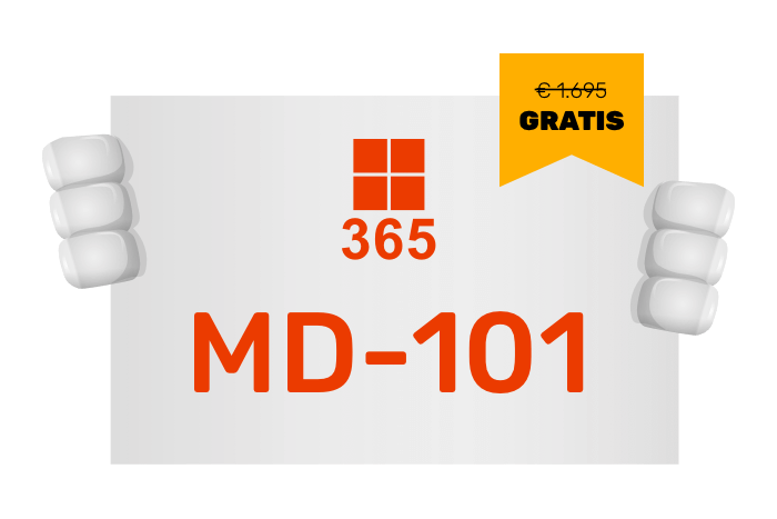 Buddy onze mascotte met een bord met het M365 logo en MD-101