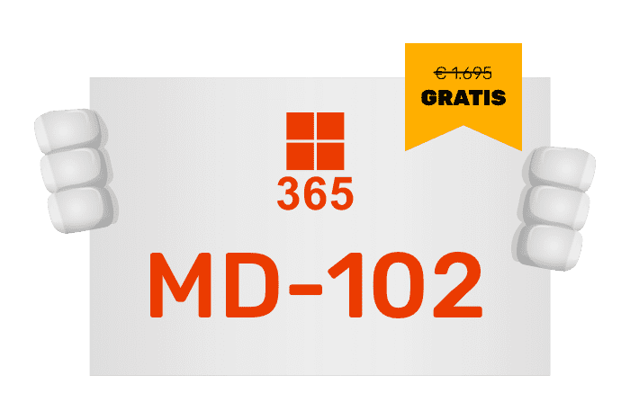 Buddy onze mascotte met een bord met het M365 logo en MD-102