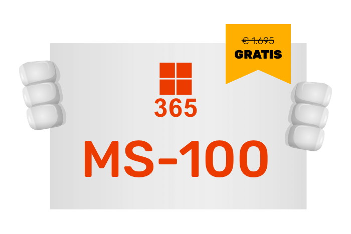 Buddy onze mascotte met een bord met het M365 logo en MS-100