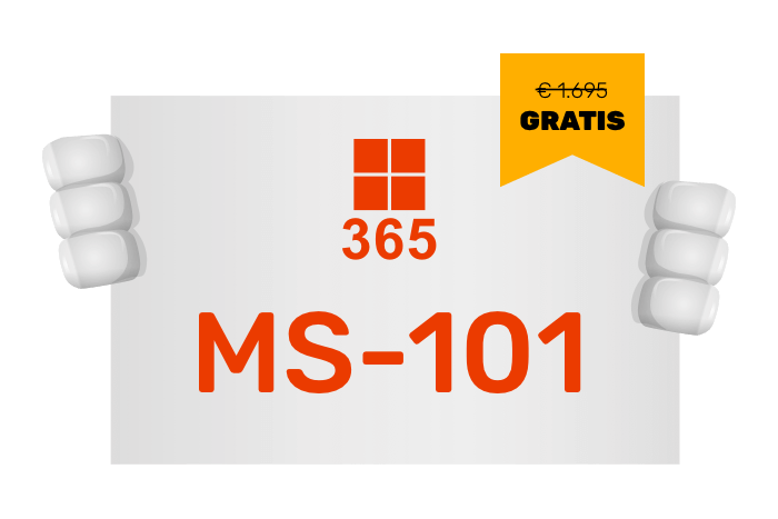 Buddy onze mascotte met een bord met het M365 logo en MS-101