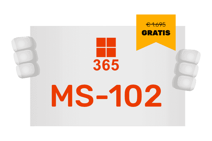 Buddy onze mascotte met een bord met het M365 logo en MS-102