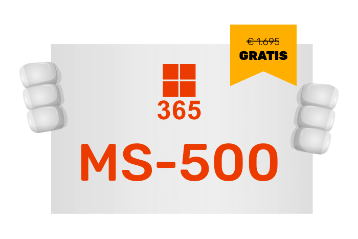Buddy onze mascotte met een bord met het M365 logo en MS-500