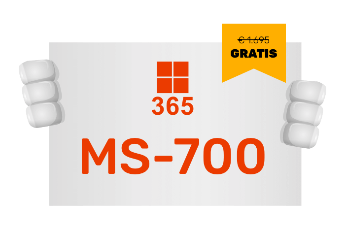 Buddy onze mascotte met een bord met het M365 logo en MS-700