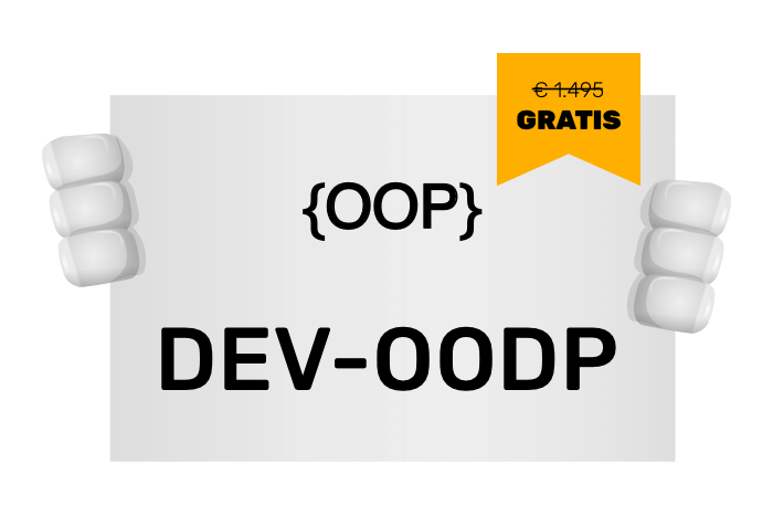 Buddy onze mascotte met een bord met het OOP logo