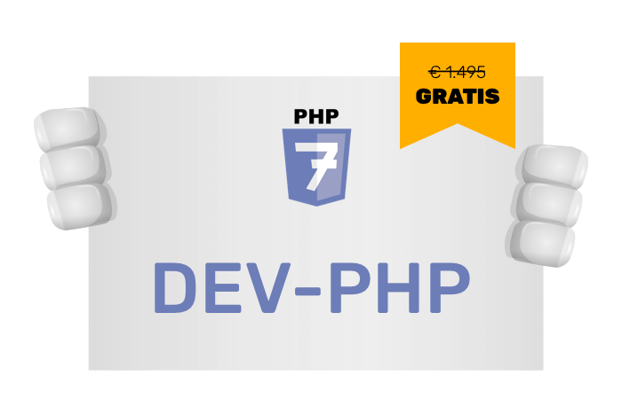 Buddy onze mascotte met een bord met het PHP logo