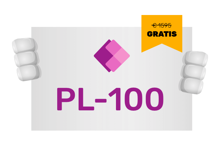 Buddy onze mascotte met een bord met het PowerApps logo en PL-100