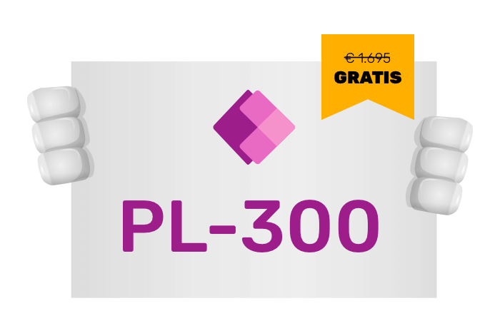Buddy onze mascotte met een bord met het PowerApps logo en PL-300