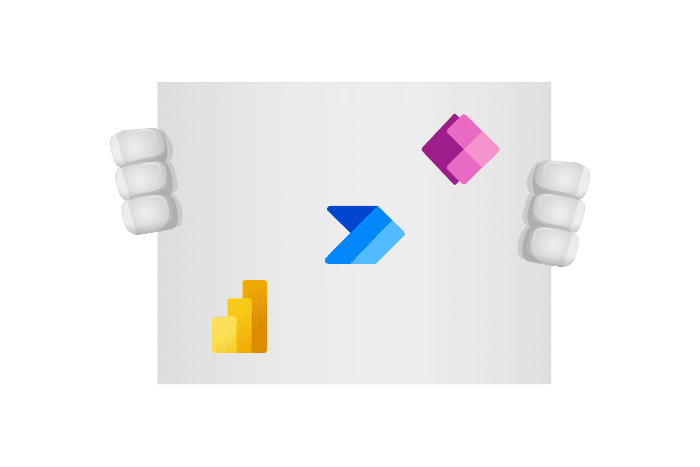 Buddy onze mascotte kijkt naar het PowerPlatform logo