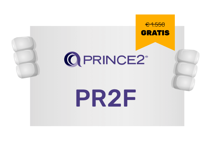 Buddy onze mascotte met een bord met het prince2 logo