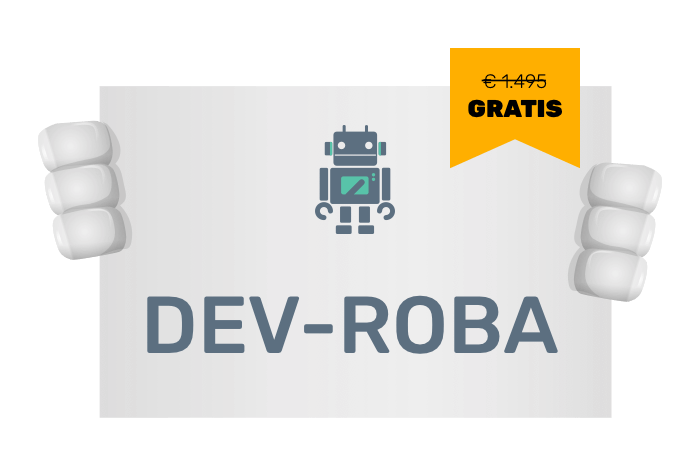 Buddy onze mascotte met een bord met het Robotica logo