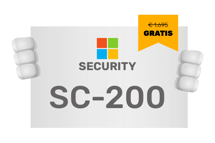 Buddy onze mascotte met een bord met het security logo en SC-200