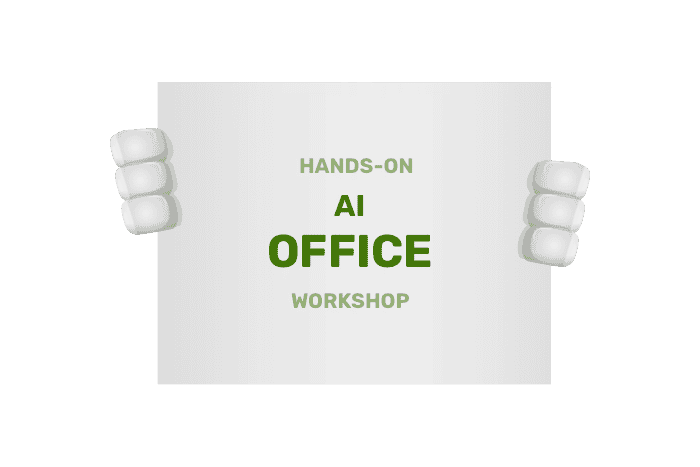 Buddy houdt een bordje vast met Workshop AI.Office