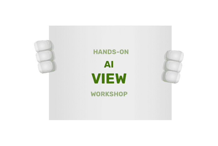 Buddy houdt een bordje vast met Workshop AI.View