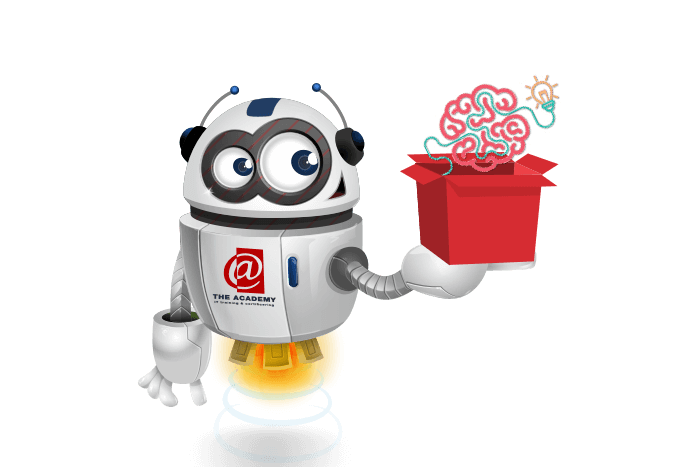 Buddy de mascotte met een brein die uit een cadeaubox komt