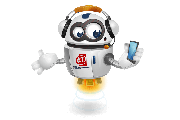 Buddy de mascotte met een koptelefoon en mobiel