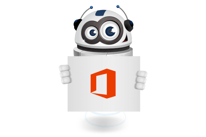 Buddy de mascotte die een bord met het Microsoft Office logo vastheeft
