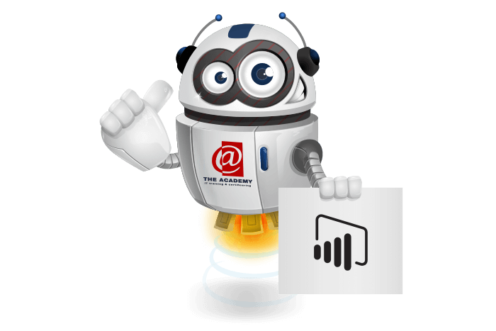 Buddy onze mascotte met het Microsoft PowerBI Logo