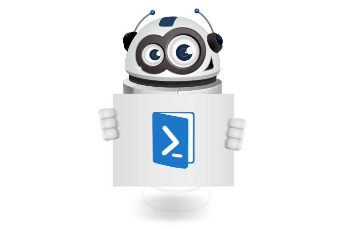 Buddy de mascotte die een bord met het PowerShell logo vastheeft