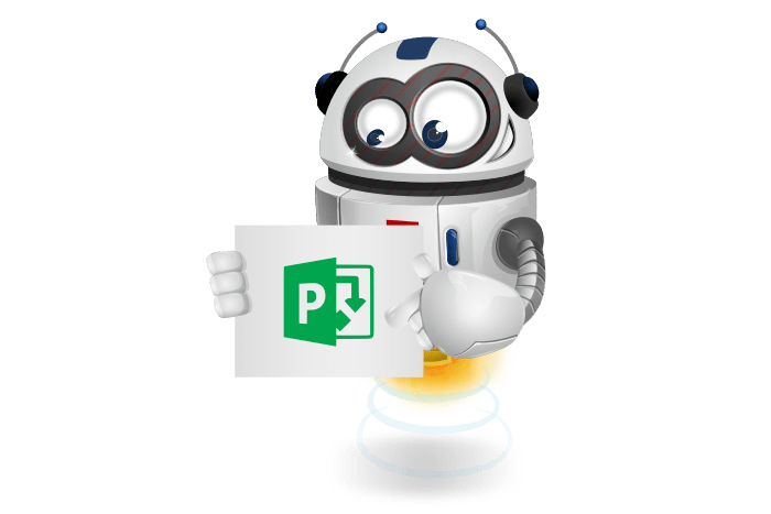 Buddy de mascotte die een bord met het Microsoft Project logo vastheeft