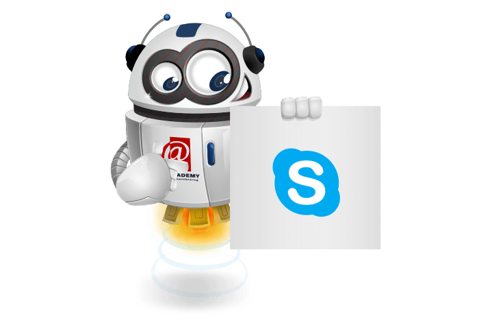 Buddy de mascotte die een bord met het Microsoft Skype logo vastheeft