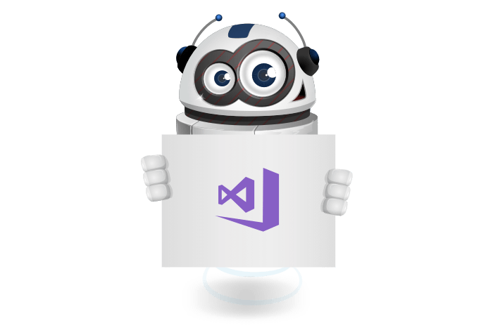 Buddy de mascotte die een bord met het Microsoft Visual Studio logo vastheeft