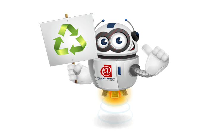 Buddy de mascotte die een recycled bord vasthoudt