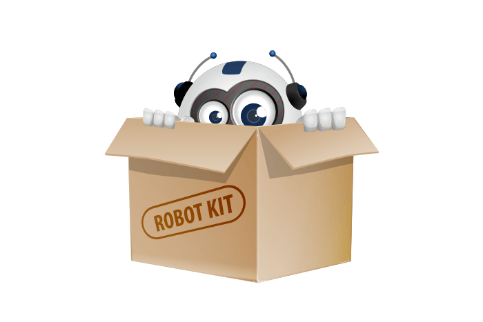 Buddy de mascotte die over de rand van een \'robotkit\' doos kijkt