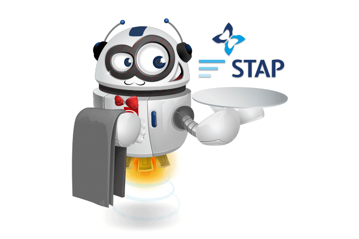 Buddy de mascotte die een dienblad met het Stap Regeling logo vasthoudt