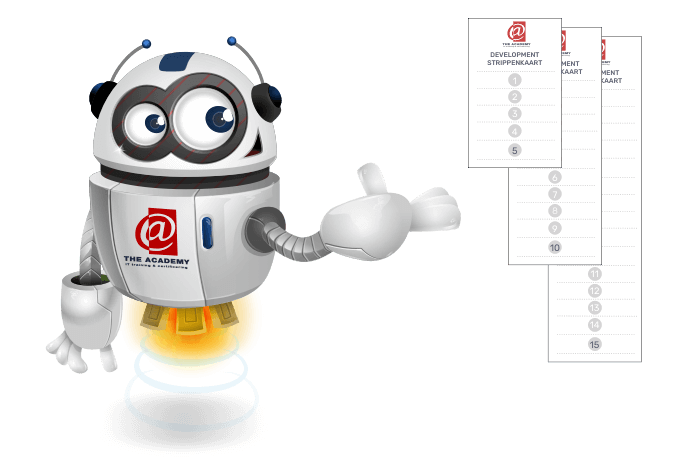 Buddy onze mascotte die de 3 strippenkaarten aanwijst