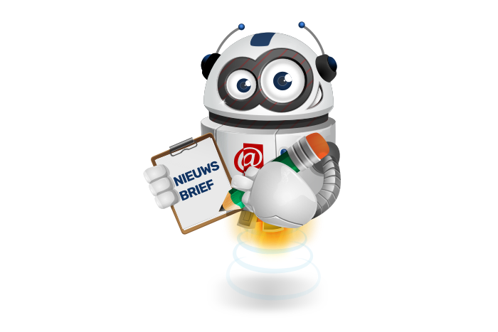 Buddy de mascotte met een inschrijfblok voor de nieuwsbrief