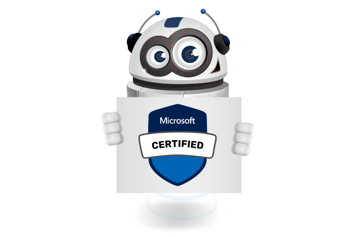 Buddy onze mascotte met het Microsoft Certified Logo