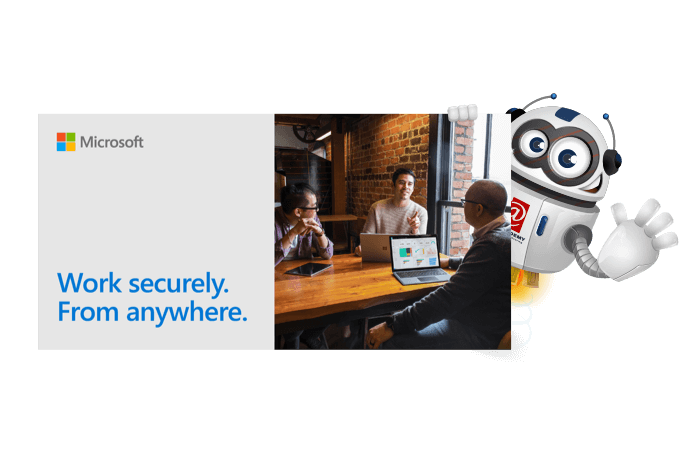 Buddy onze mascotte met een Microsoft banner