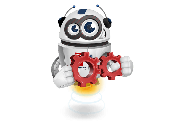 Buddy de mascotte met twee in elkaar vallende tandwielen