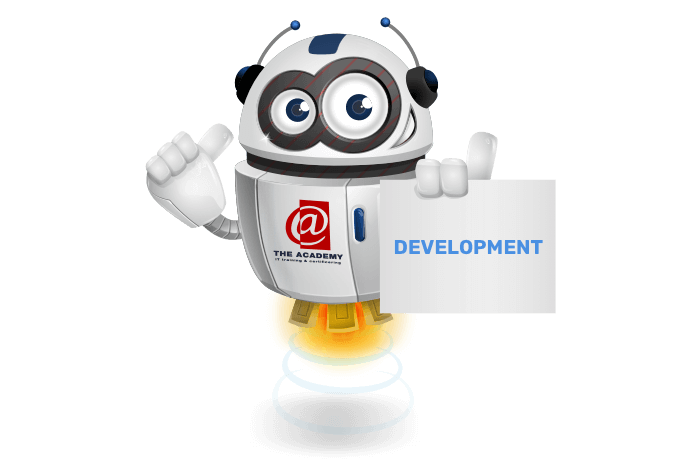 Buddy de mascotte met het Development logo