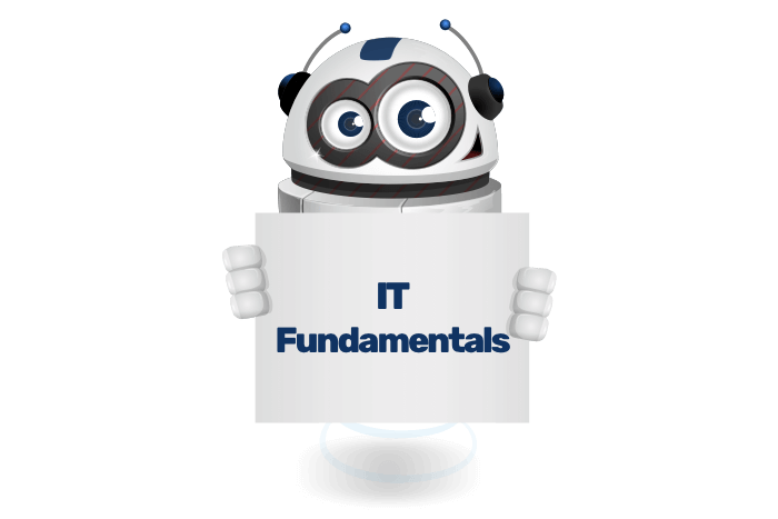 Buddy de mascotte die een bord met het IT Fundamentals logo vastheeft