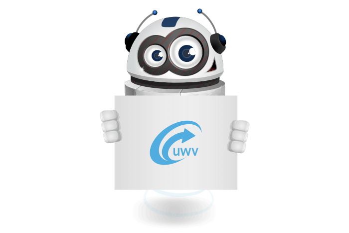 Buddy de mascotte die een bord met het UWV logo vastheeft