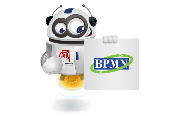 Buddy de mascotte die een bord met het BPMN logo vastheeft