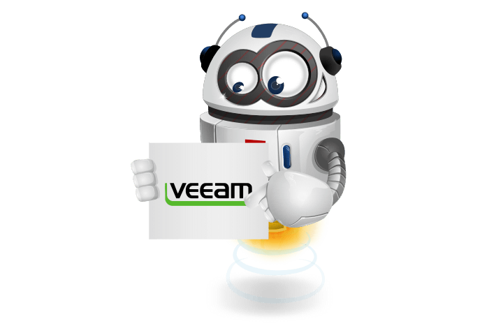 Buddy is enthousiast over de Veeam trainingen Buddy de mascotte die een bord met het veeam logo vastheeft