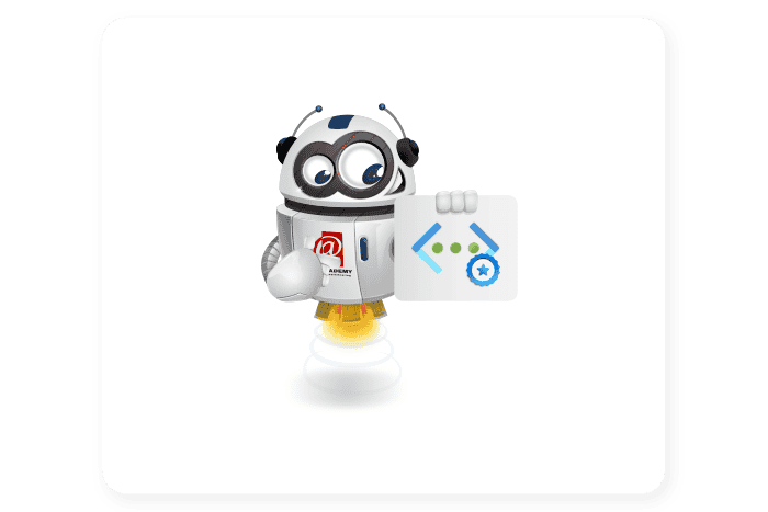 Buddy onze mascotte houdt een bord met een Azure Virtual Network Icon erop vast