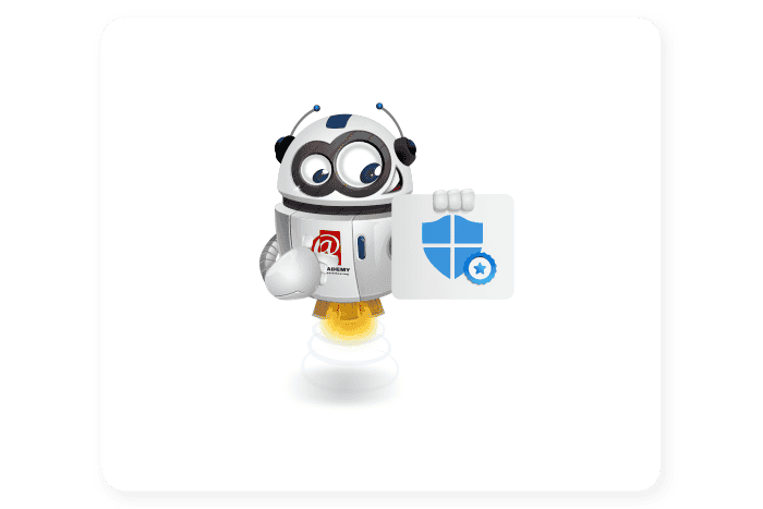 Buddy onze mascotte houdt een bord met het Microsoft Defender icoon vast