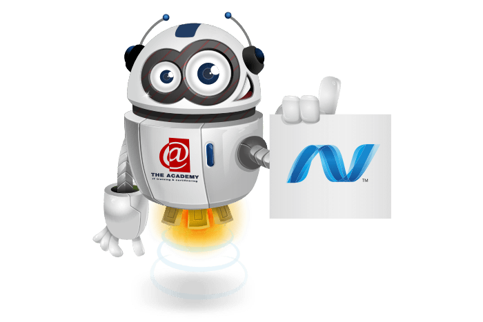 Buddy de mascotte die een bord met het .NET logo vastheeft