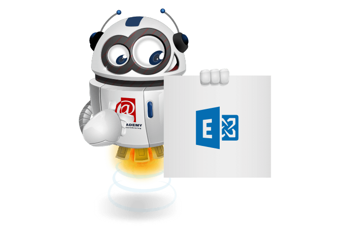 Buddy de mascotte die een bord met het Microsoft Exchange logo vastheeft