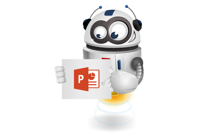 Buddy onze mascotte met het Microsoft Office PowerPoint Logo
