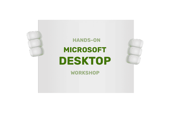 Buddy houdt een bordje vast met Workshop Microsoft Desktop beheer
